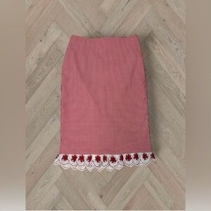 Elegant Red gingham Pencil Skirt with Lace Trim